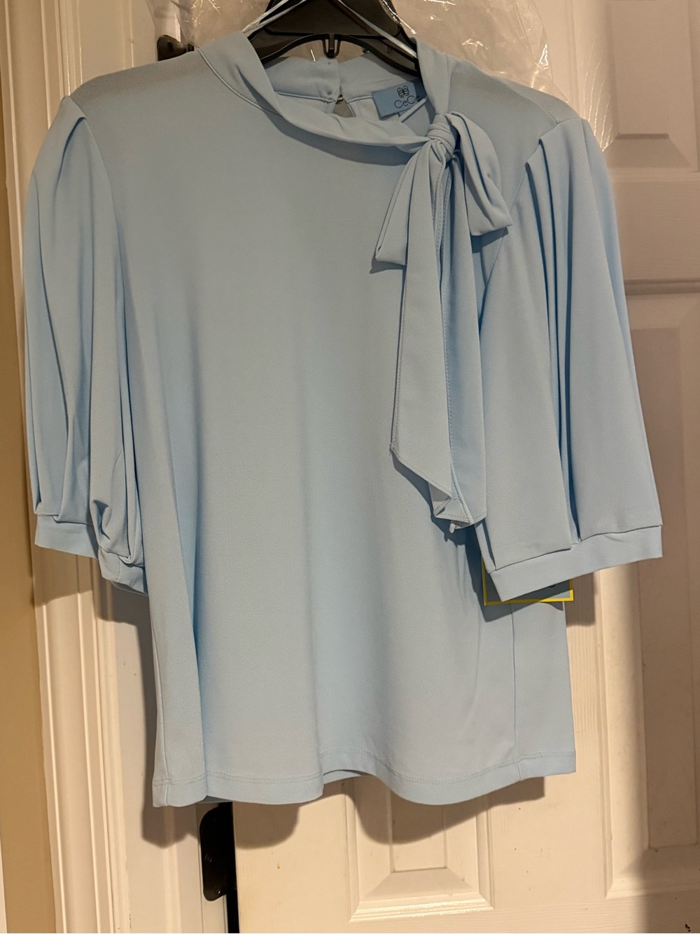 CeCe Light Blue Tie-Neck Blouse with Short Puff Sleeves Blue Pearl
